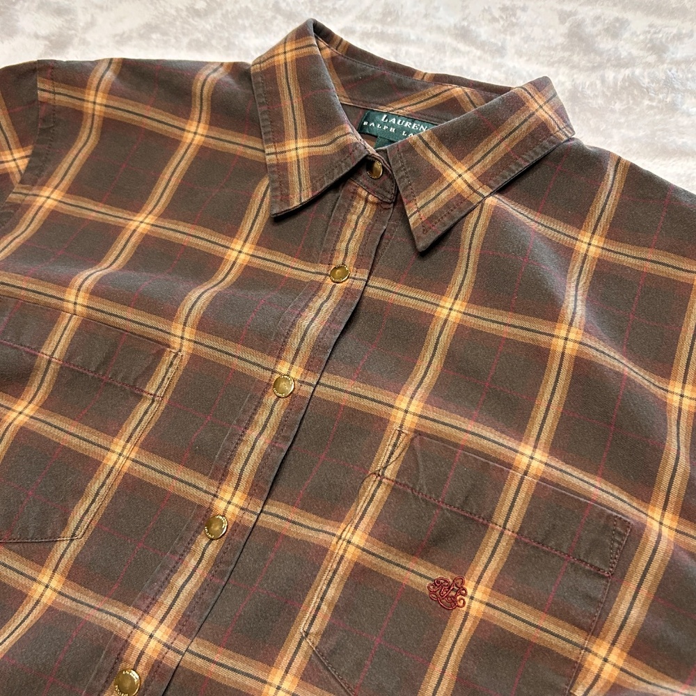 Lauren Ralph Lauren Brown Plaid Button Up Shirt Womens 1X Cotton Preppy - Picture 2 of 8
